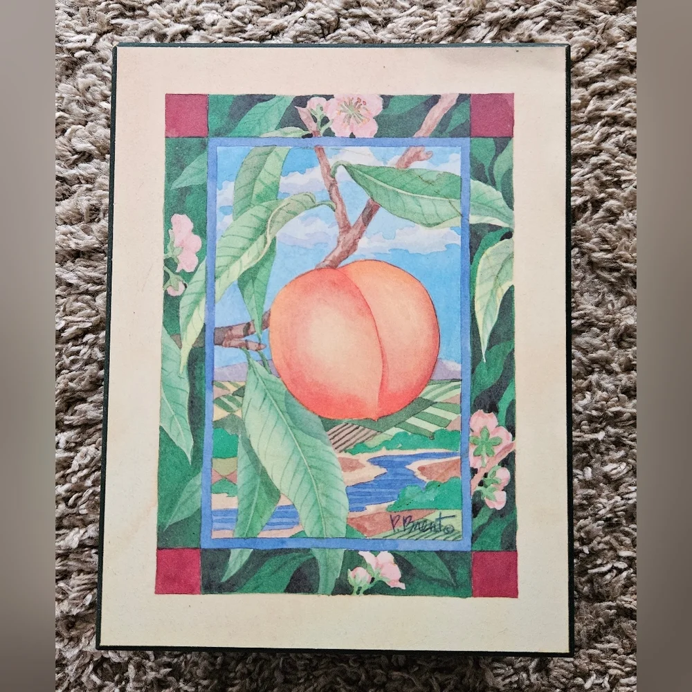 Jerry Emmons Georgia Peach Art Print Handmade Mulbury Tree Green Wood Box Vtg
